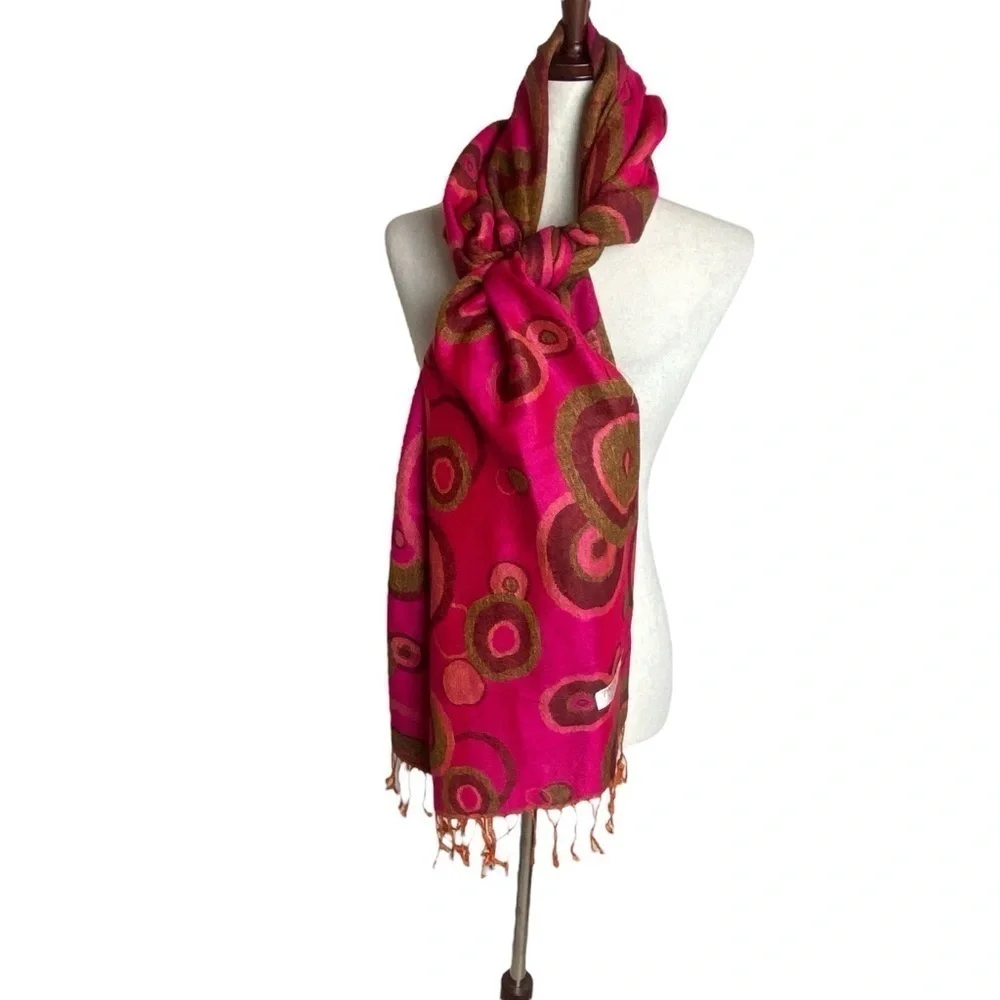 Pashmina silk Reversible Circle Dots‎ fringed pink brown Gold Scarf Approx 69x27